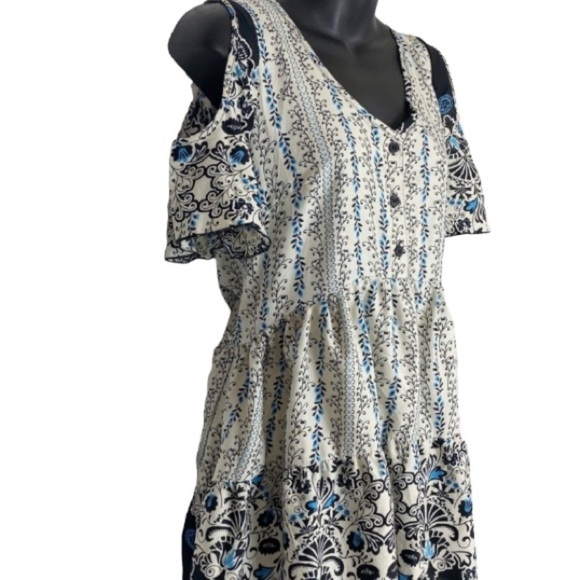 BAND OF GYPSIES Blue Floral Cold-Shoulder Mini Dress medium Boho - Picture 3 of 12